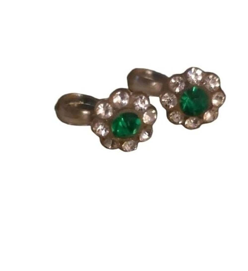 Vintage Flower Clip-On Earrings Green Crystal Rhinestones
